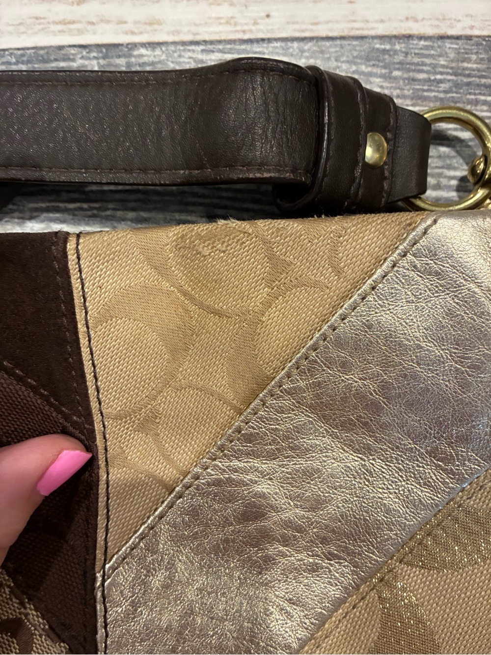 2012 Coach Patchwork Crossbody Bag in Brown, Metallic Gold and Tan - Picture 2 of 5